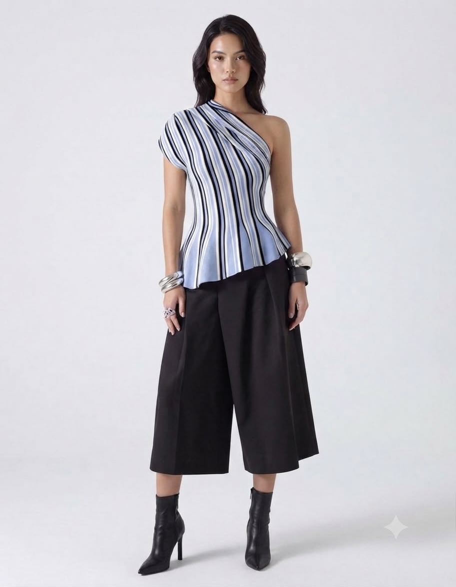 Striped One Shoulder Knit Top