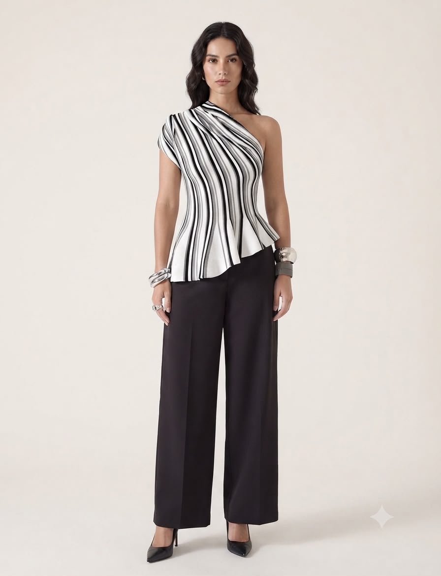 Striped One Shoulder Knit Top