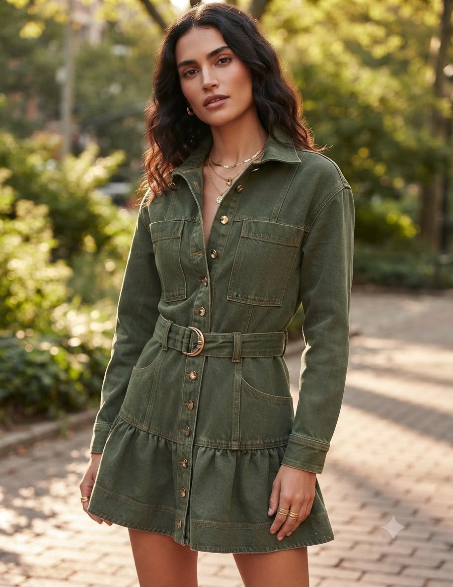 Denim Olive Green Mini Dress