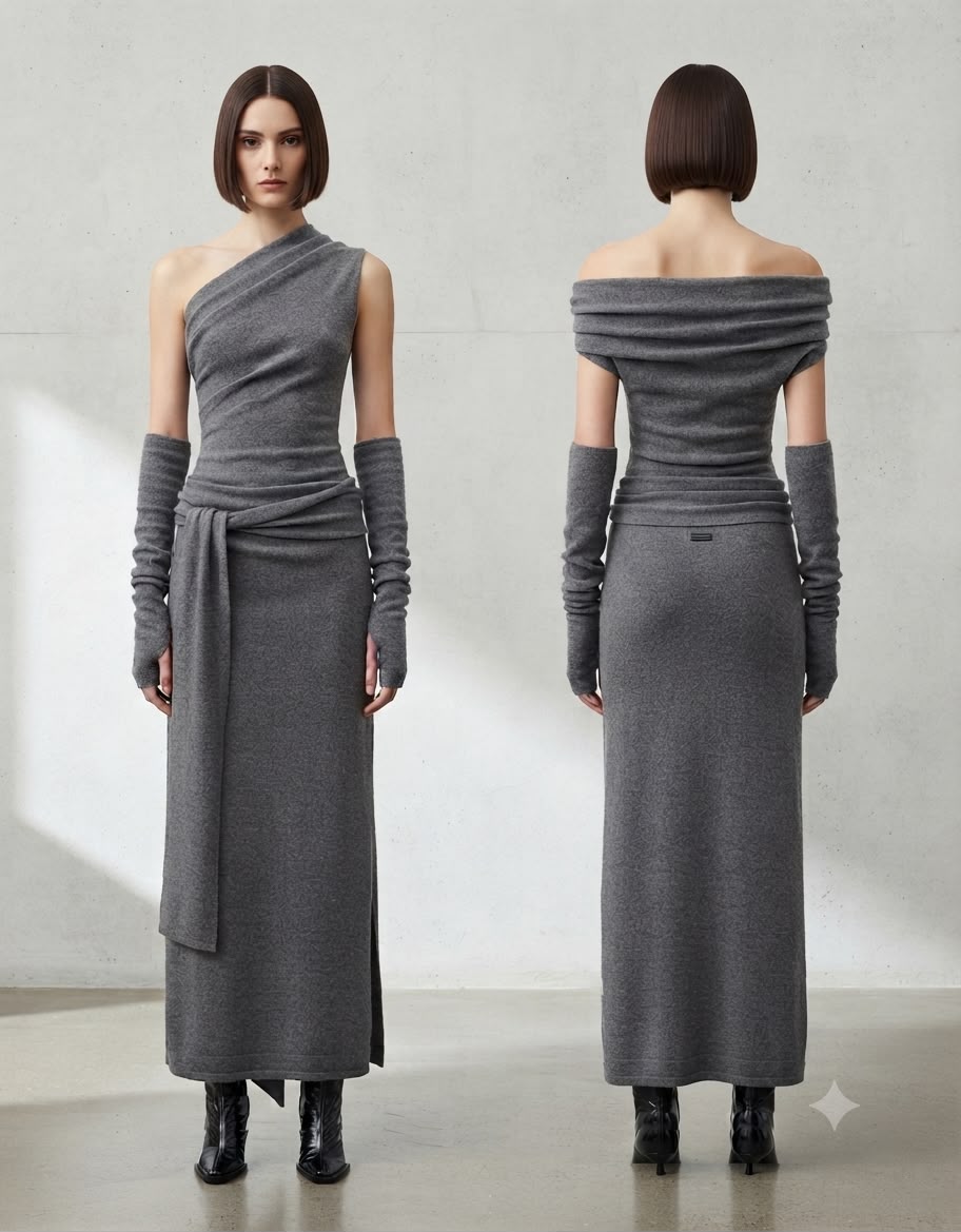 Grey One Shoulder Long Knit Dress