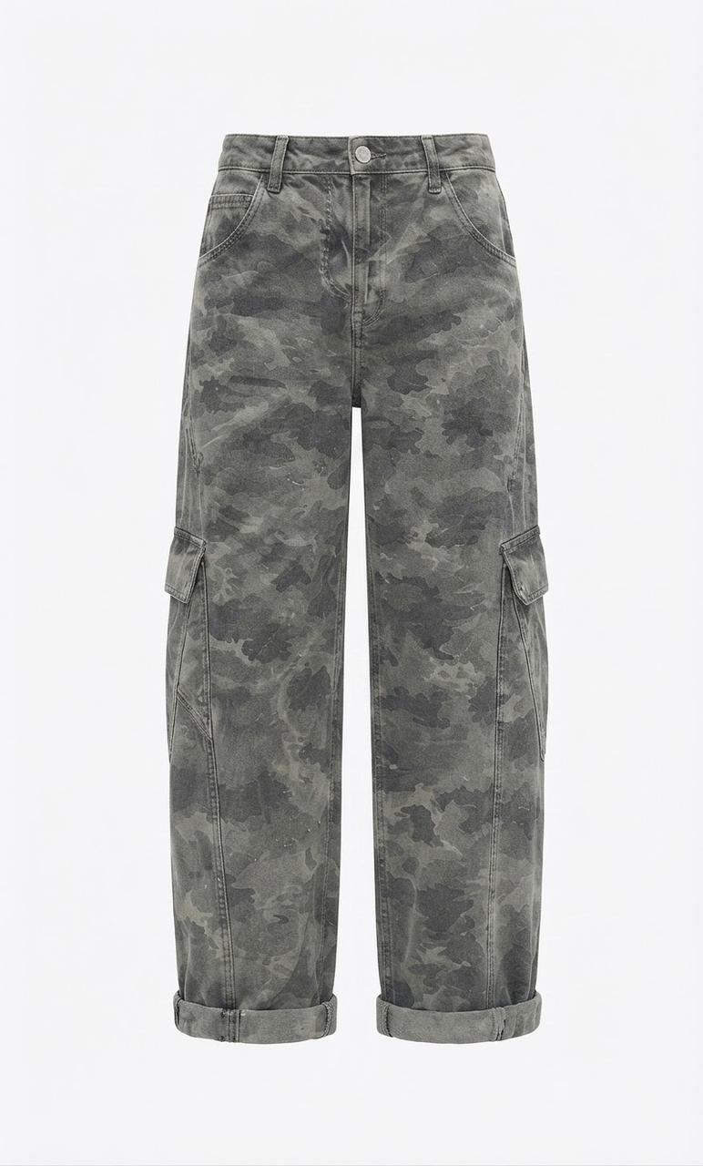 Grey Camouflage Wide-Leg Cargo Jeans