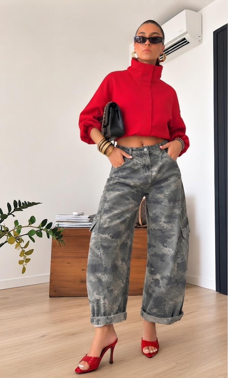 Grey Camouflage Wide-Leg Cargo Jeans