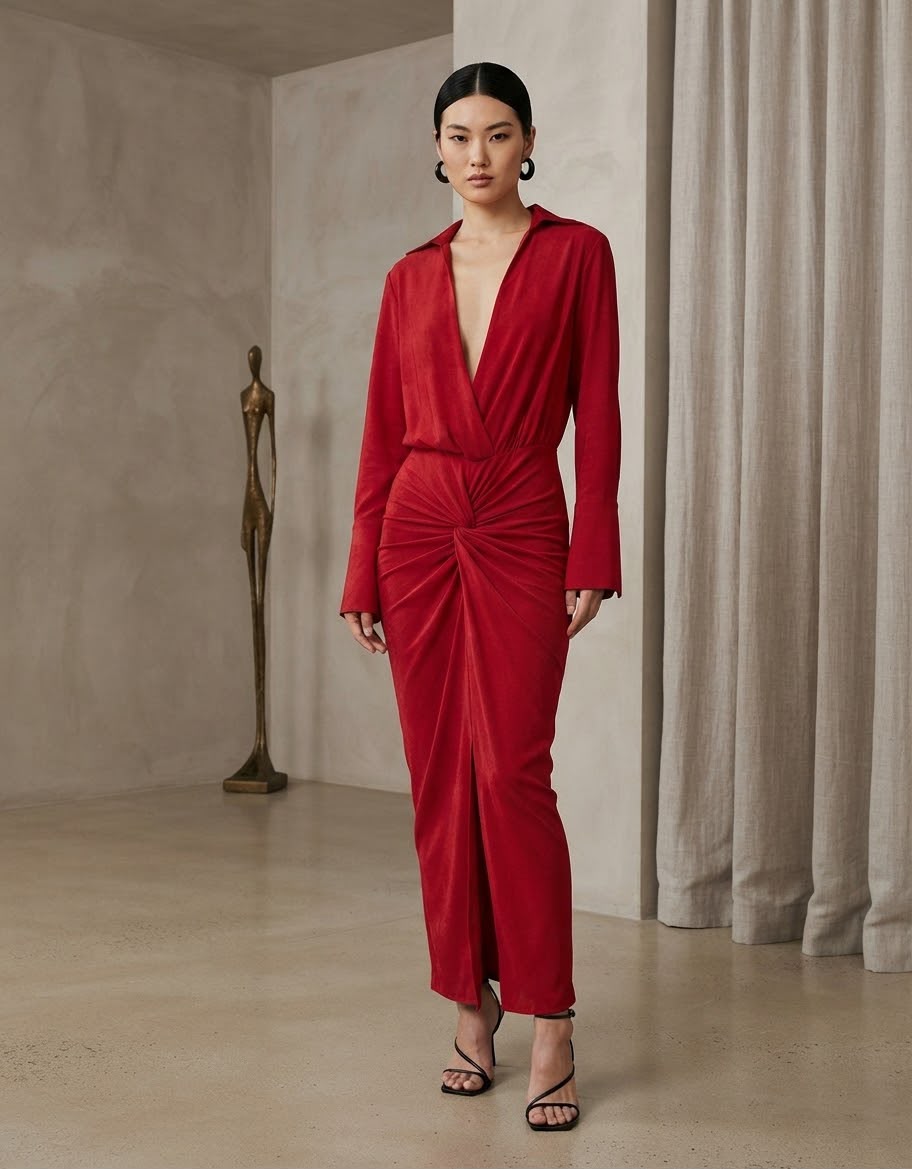 V-neck Red Evening Dress