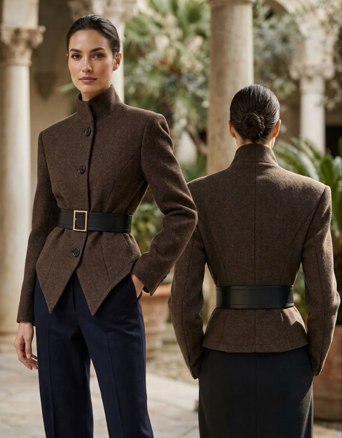 Structured funnel neck blazer (without belt)
