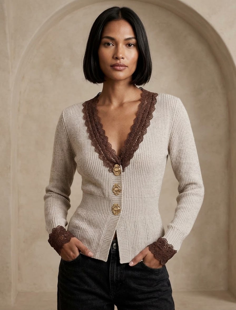 Lace knit cardigan beige and brown